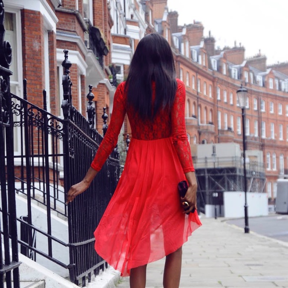 NEW ASOS Lace Insert Skater Dress With High Low Hem - Red / UK 10 US 6 - Picture 9 of 17